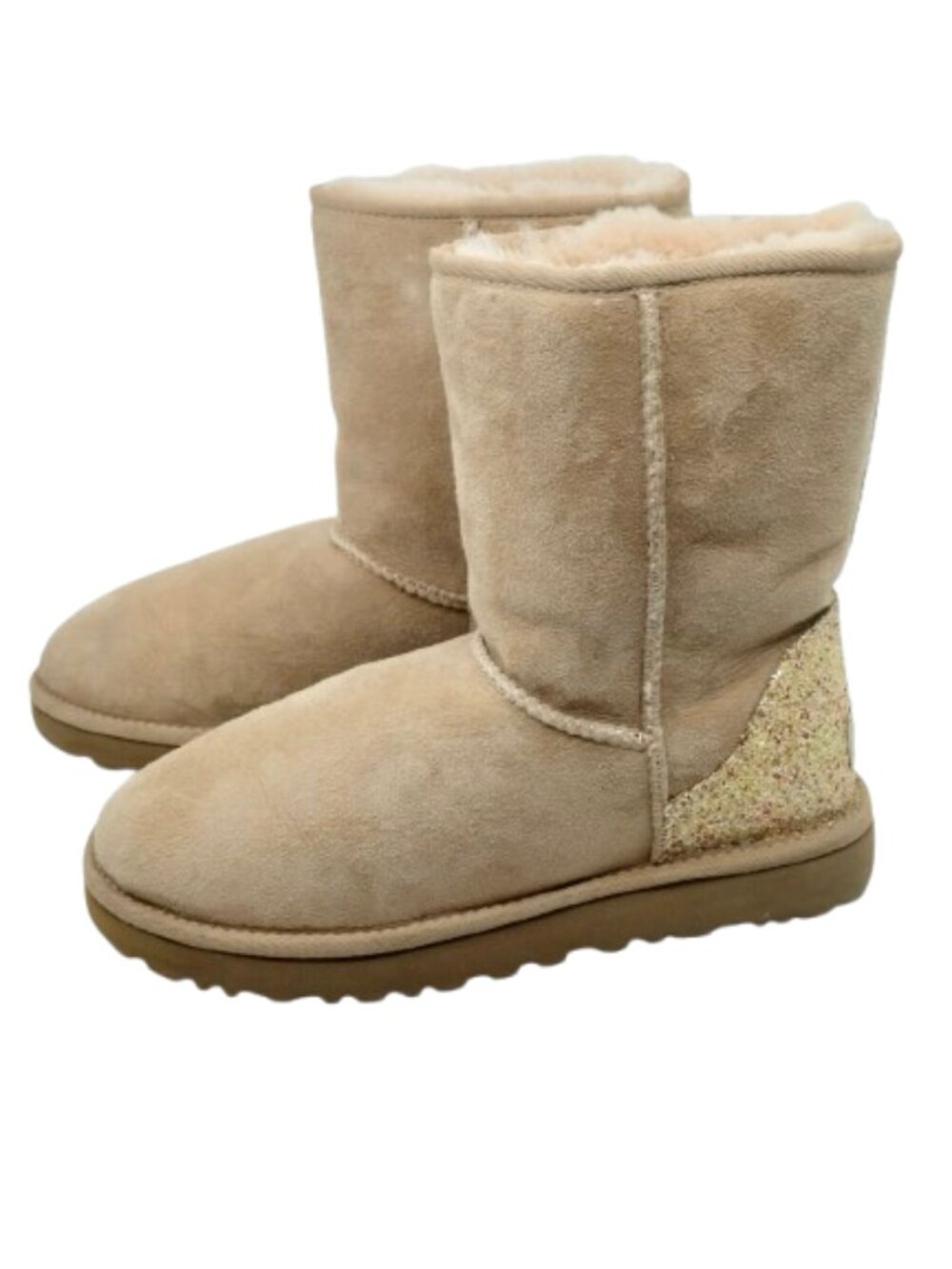 UGG~ Classic Short II~SHEARLING SUEDE WOMEN'S ANKLE BOOTS~GLITTER HEEL SIZE 8